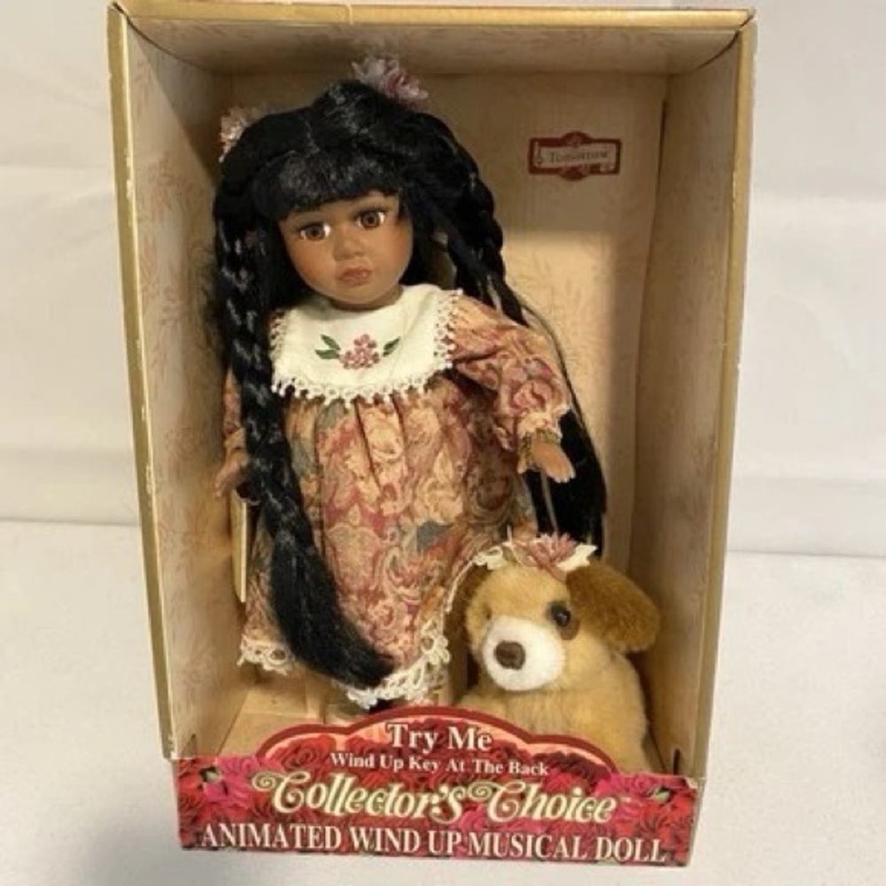 Collecter’s Choice Animated Wind Up Musical Doll - Black Hair with Floral Dress